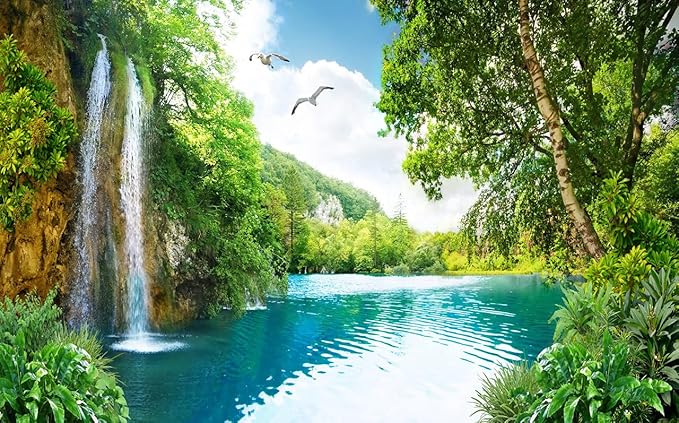 High-resolution waterfall paradise design file showing detailed water cascades and tropical vegetation