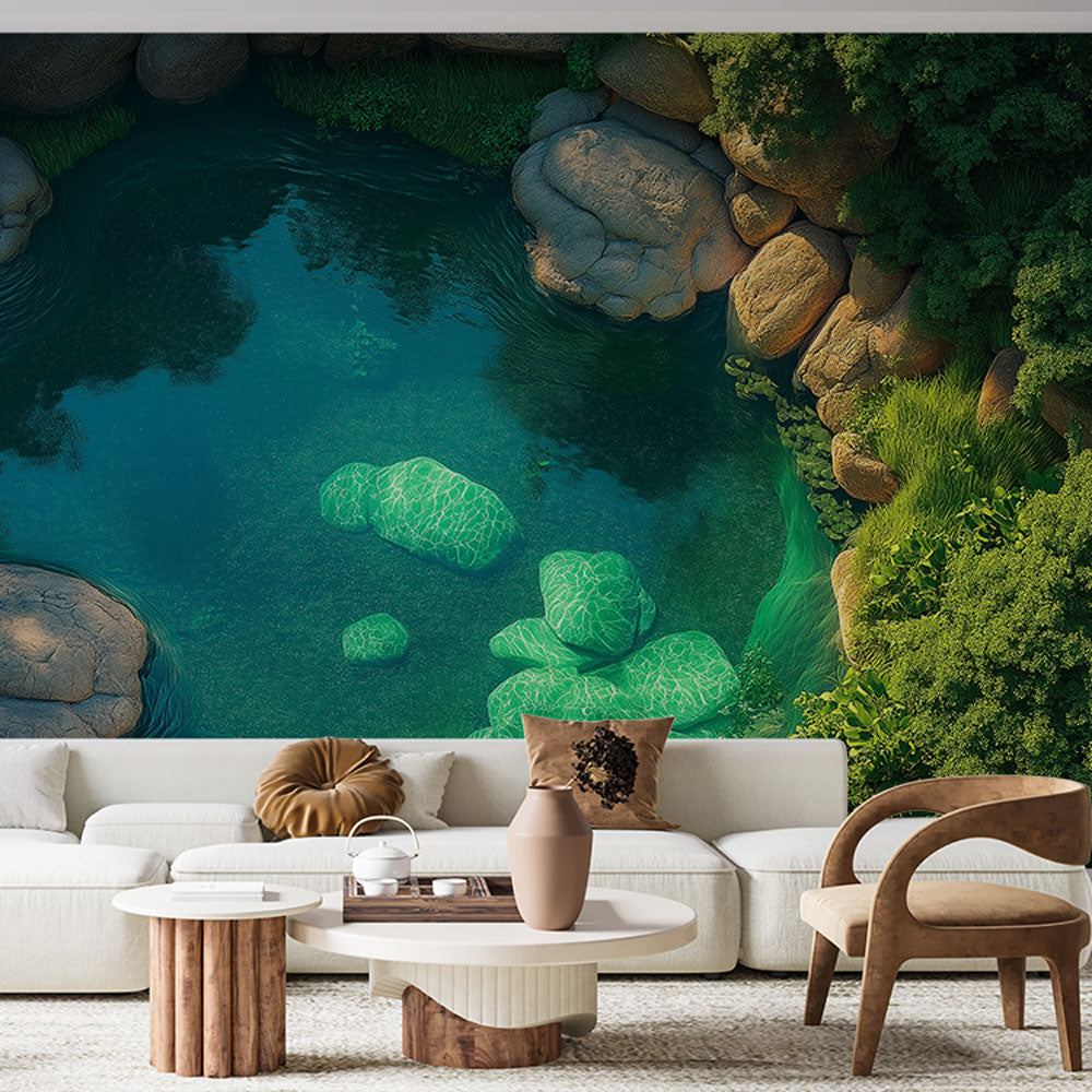 Turquoise lagoon pool wallpaper creating a stunning focal point in a modern living room with minimalist furniture