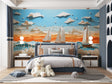 Nautical mural wallpaper creating a dreamy ocean atmosphere in a modern living room