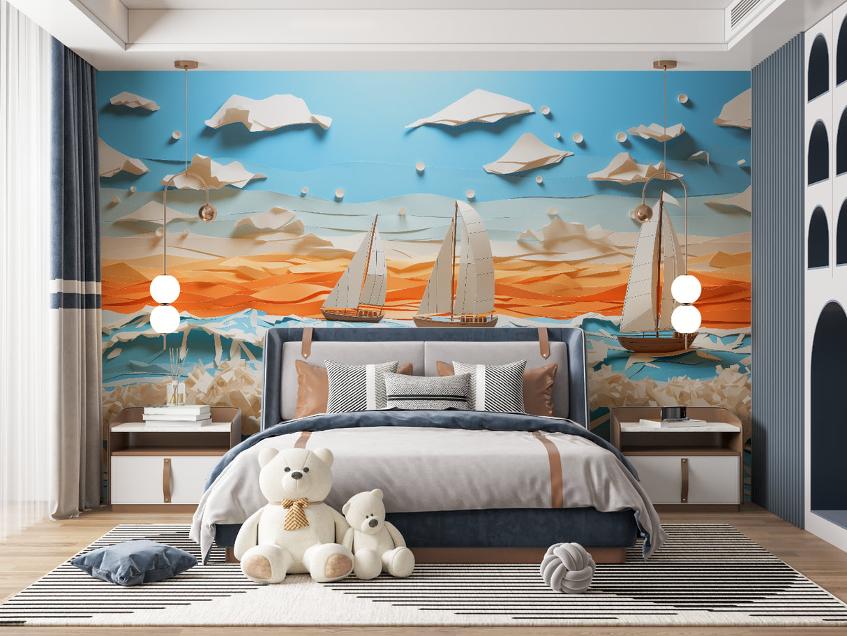 Nautical mural wallpaper creating a dreamy ocean atmosphere in a modern living room