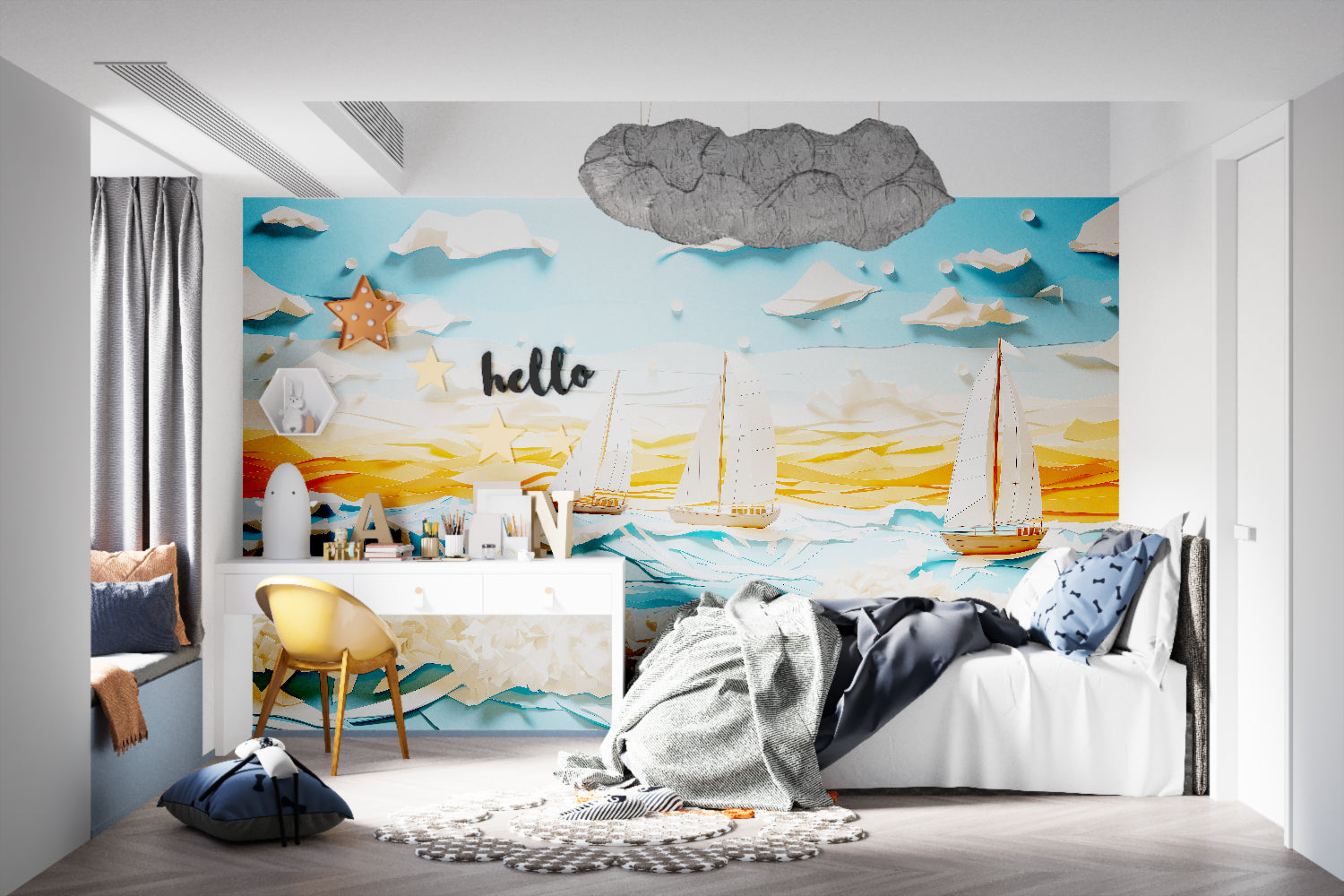Ocean themed wall mural showcased in a cozy reading nook