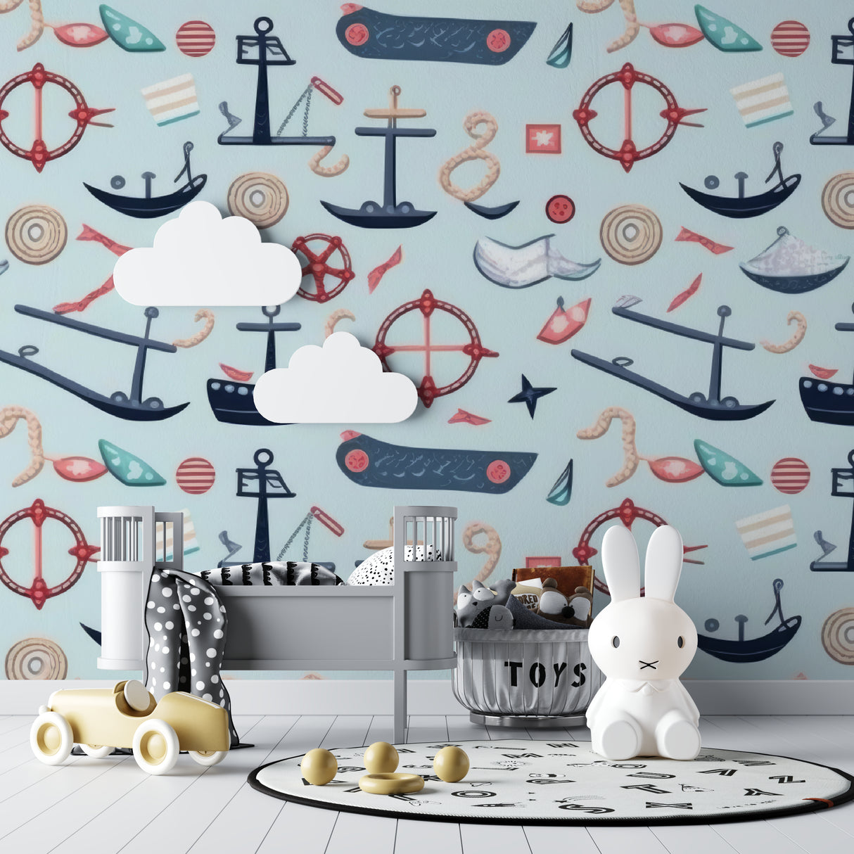 Nautical themed wall mural in cozy reading nook with blue accents