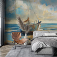 Nautical sailboat wallpaper mural creating a stunning focal point in a modern coastal living room with white furniture