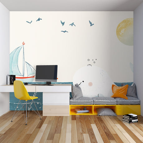 Nautical whale wallpaper in a cozy kids bedroom with soft lighting and marine-themed decor