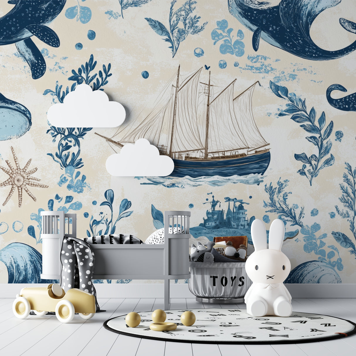 Nautical theme wallpaper displayed in a bright nursery with natural light, showing whales and sailing ships