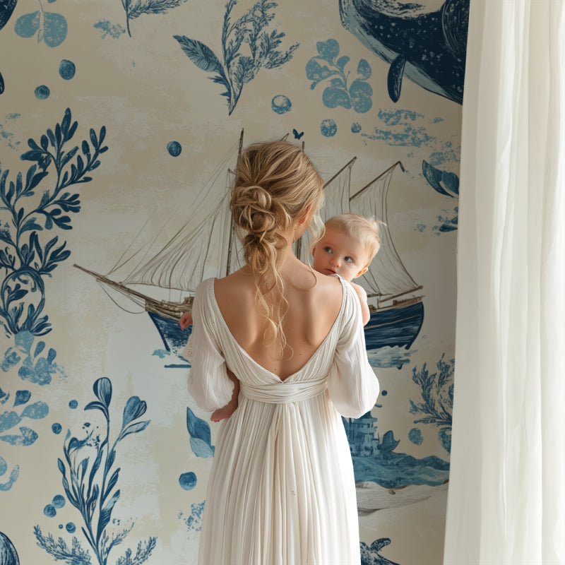 Maritime wallpaper creating a focal point in a modern playroom setting