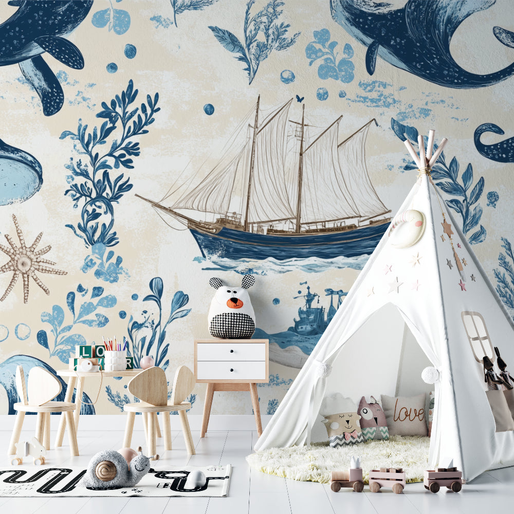 Marine themed mural bringing character to a baby's room with white furniture