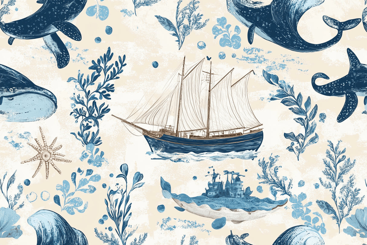 Design file of nautical wallpaper pattern showing detailed whales and ships illustration