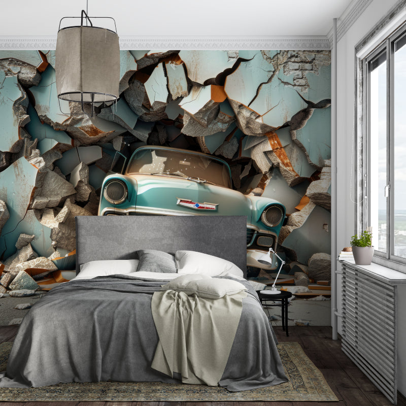 Ocean themed mural with red sails brightening a child's bedroom