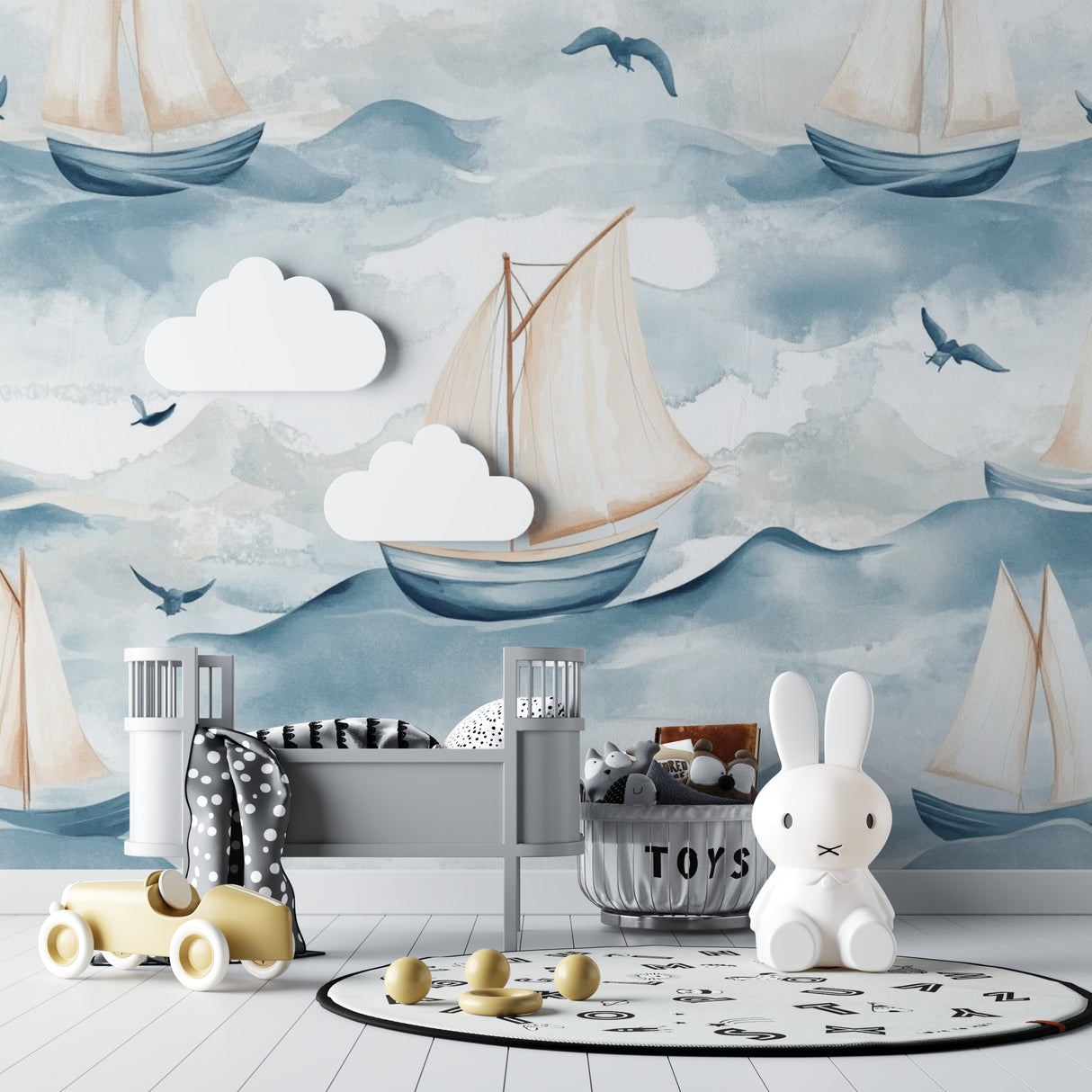 Nautical wallpaper mural with sailboats creating a peaceful atmosphere in a modern living room
