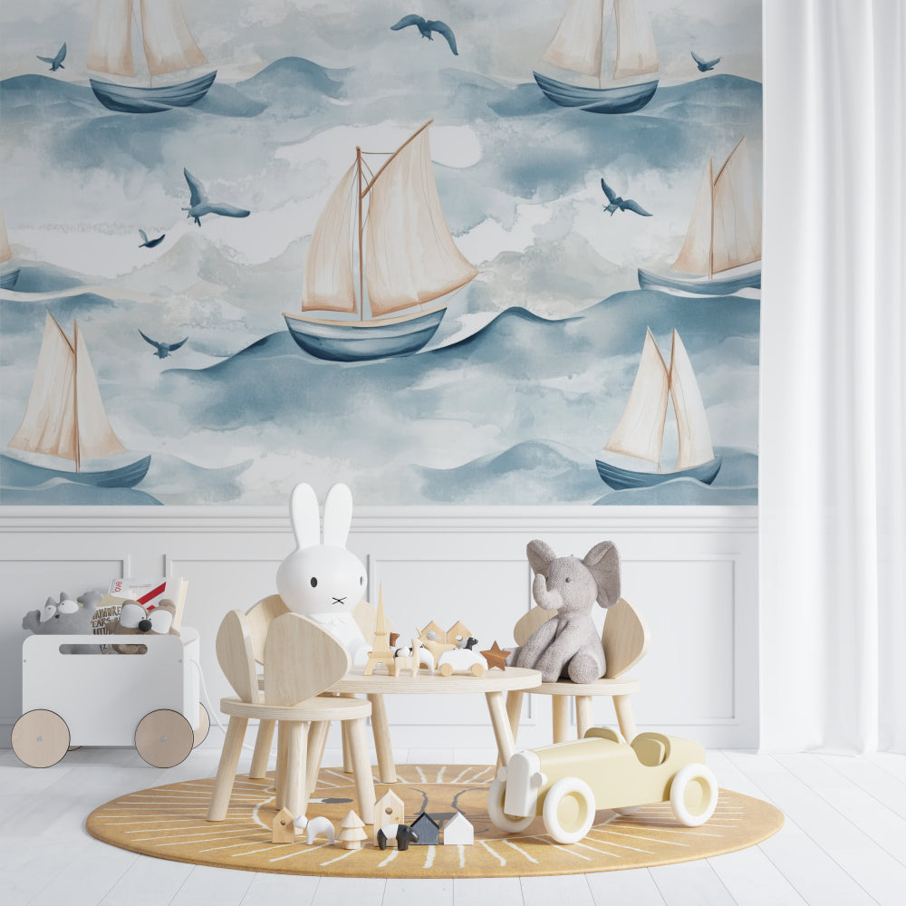 Maritime wallpaper transforming a bedroom into a dreamy coastal retreat
