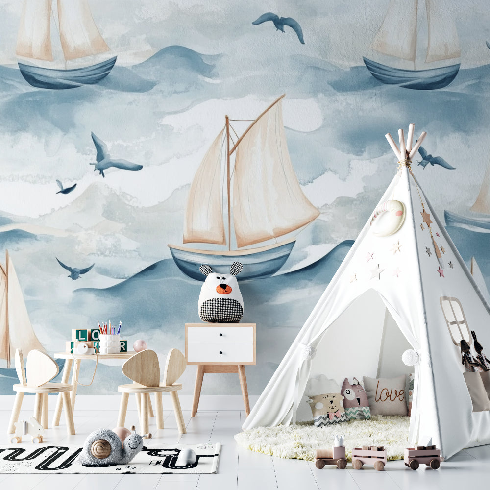 Sailing boat wallpaper bringing ocean vibes to a home office space