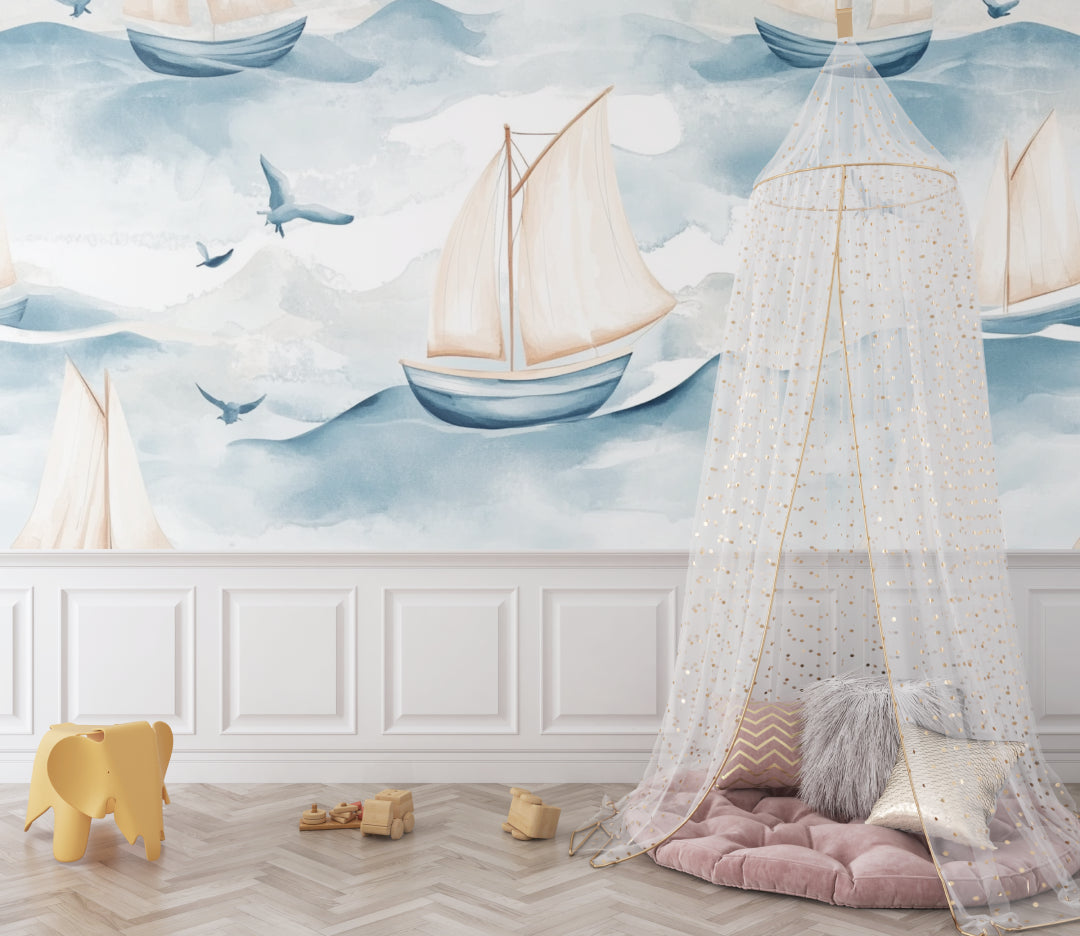 Nautical theme mural creating a calming atmosphere in a child's playroom
