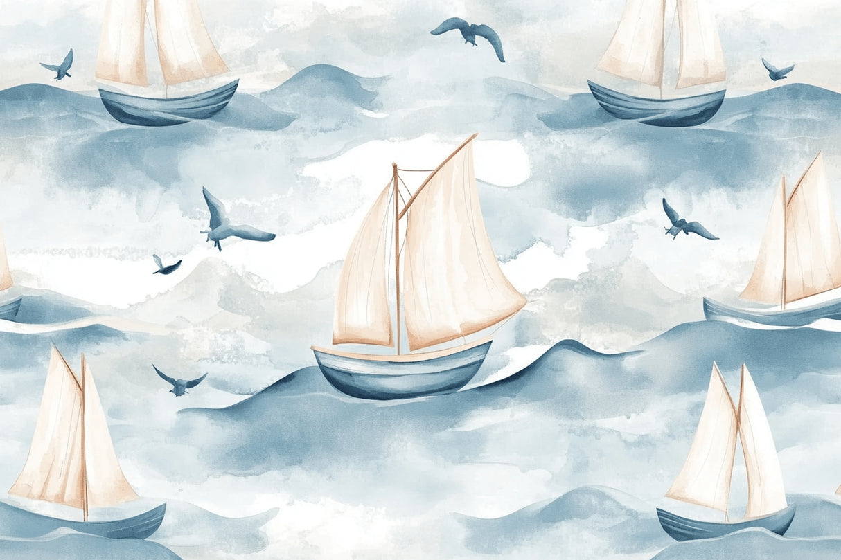 Nautical wallpaper design file showing detailed sailboats and seabirds pattern