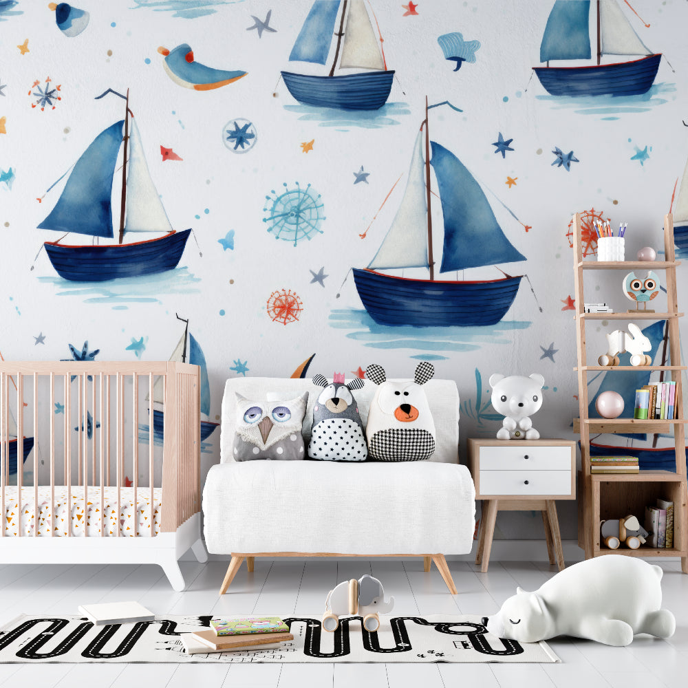 Nautical wallpaper with sailboats and stars creating a cozy atmosphere in a modern nursery