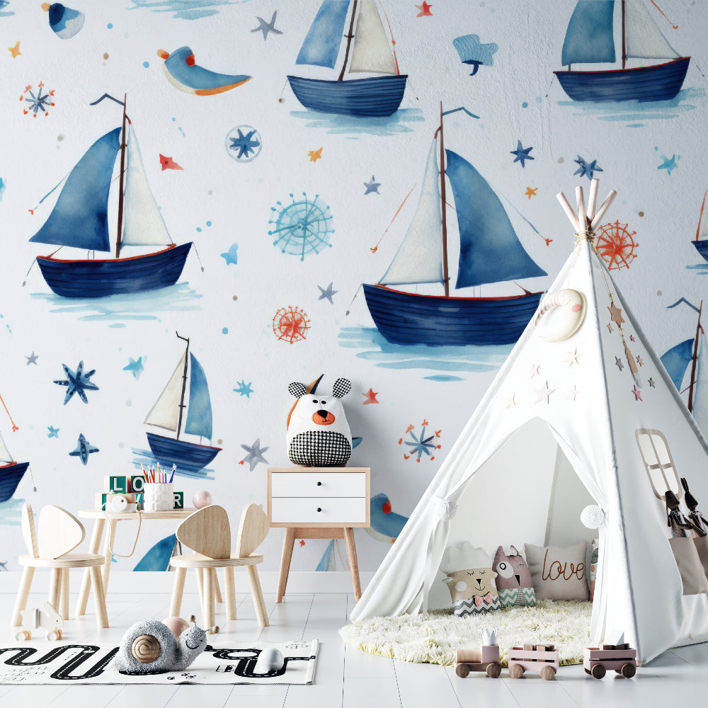 Nautical themed wallpaper transforming a playroom with dreamy boats and stars