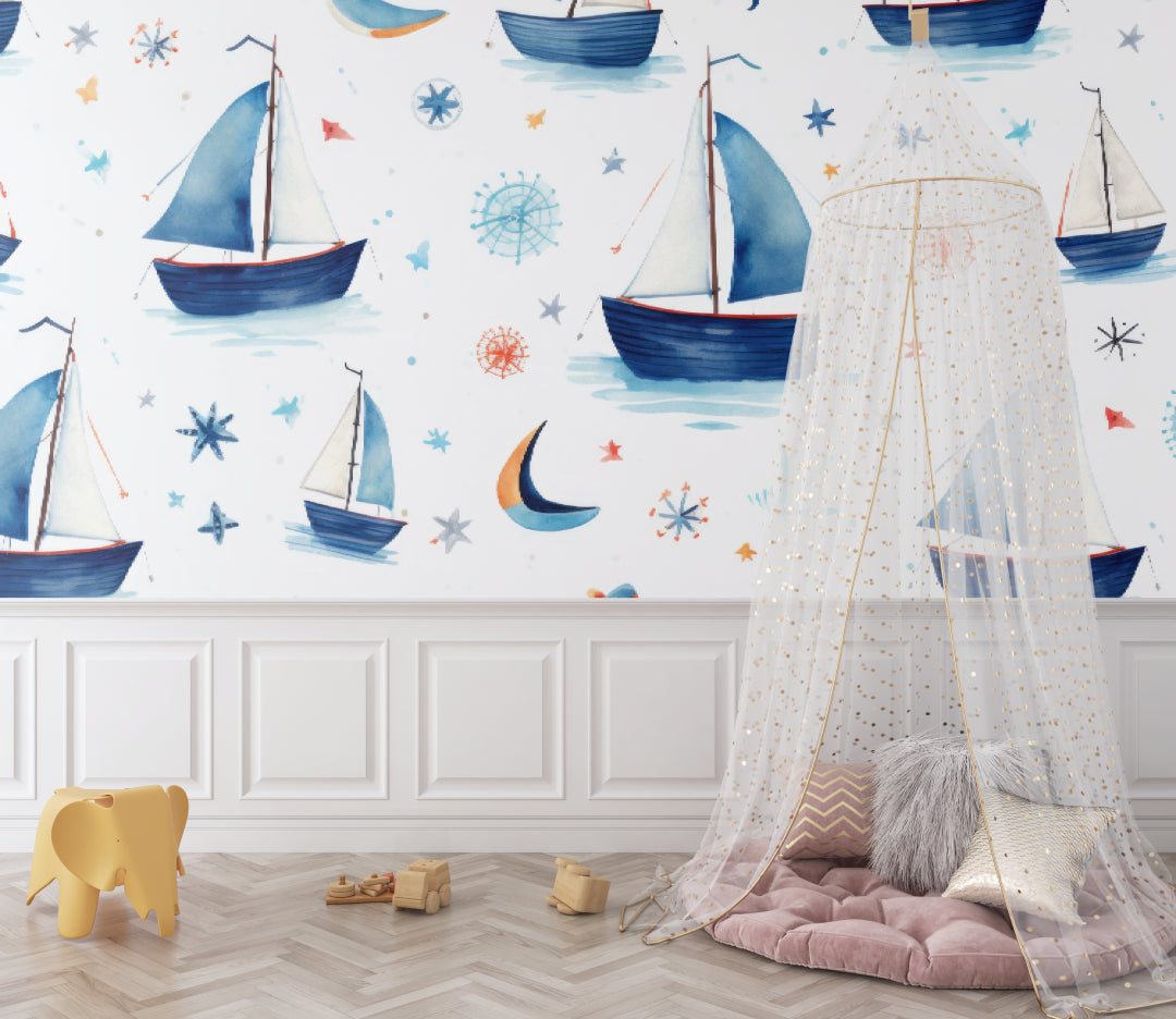 Children's nautical wallpaper featured in a coastal-style bedroom setting