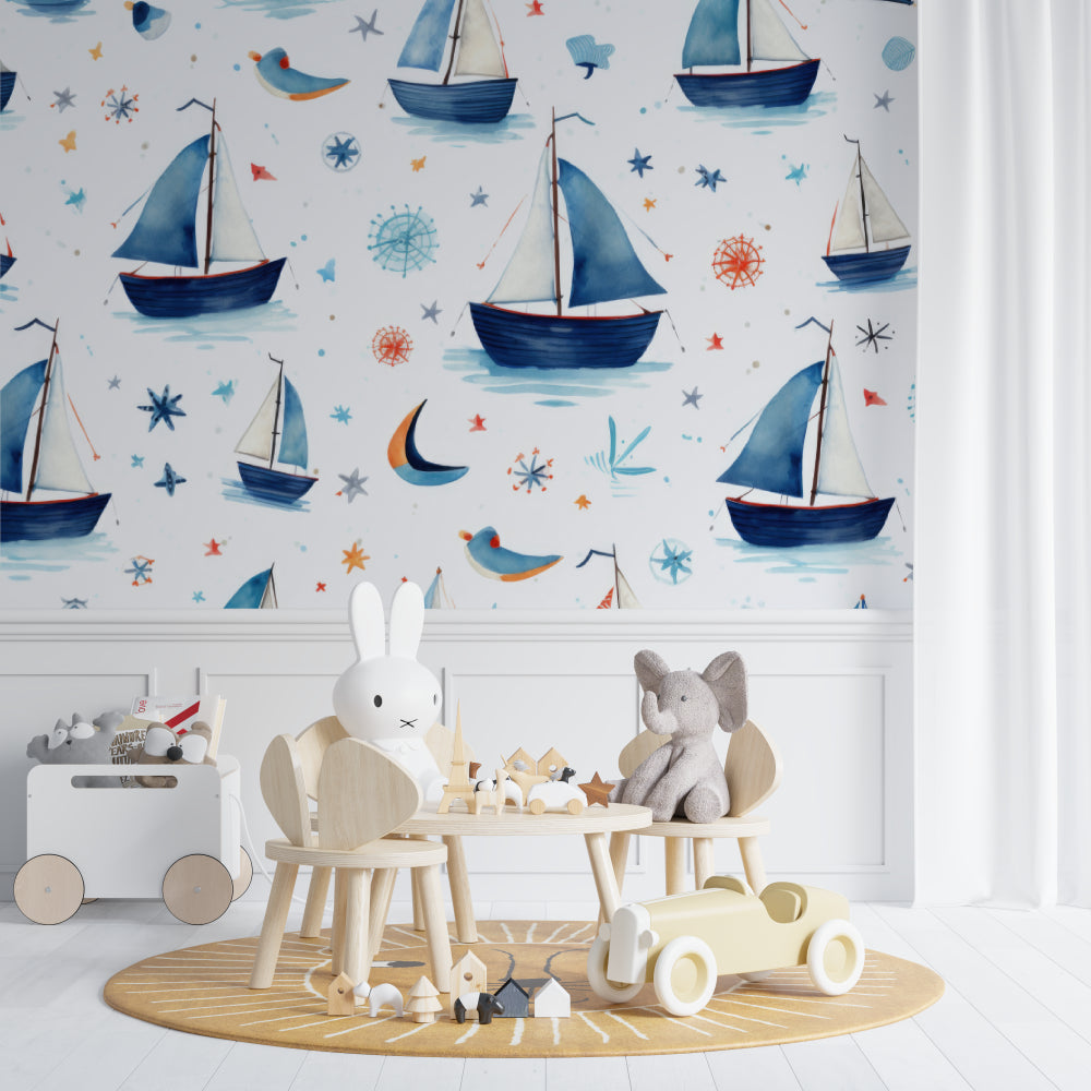 Sailboat wallpaper creating a peaceful atmosphere in a baby's nursery