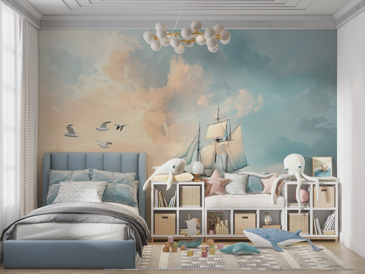 Nautical ship wallpaper creating a dreamy atmosphere in a cozy bedroom with warm lighting