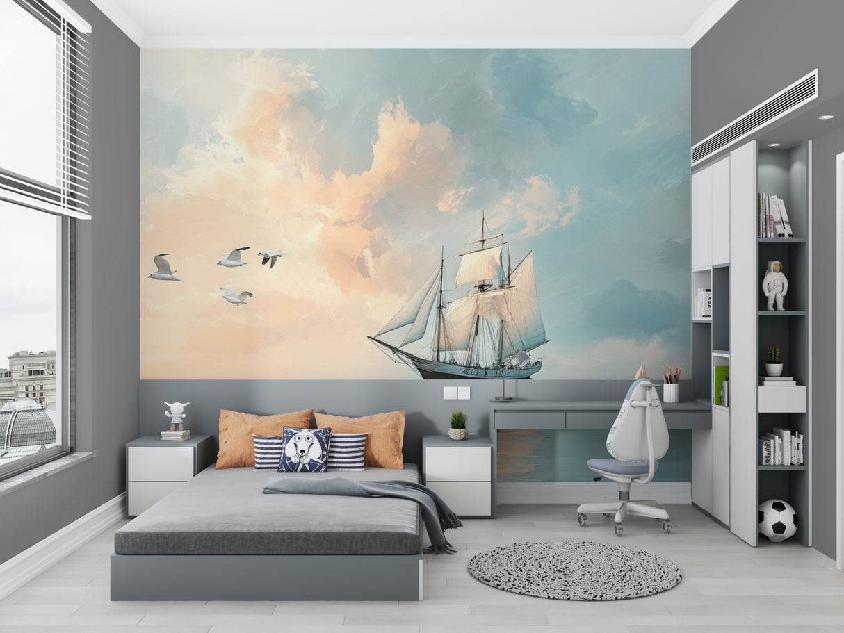 Maritime wall mural bringing ocean vibes to a modern living room setting