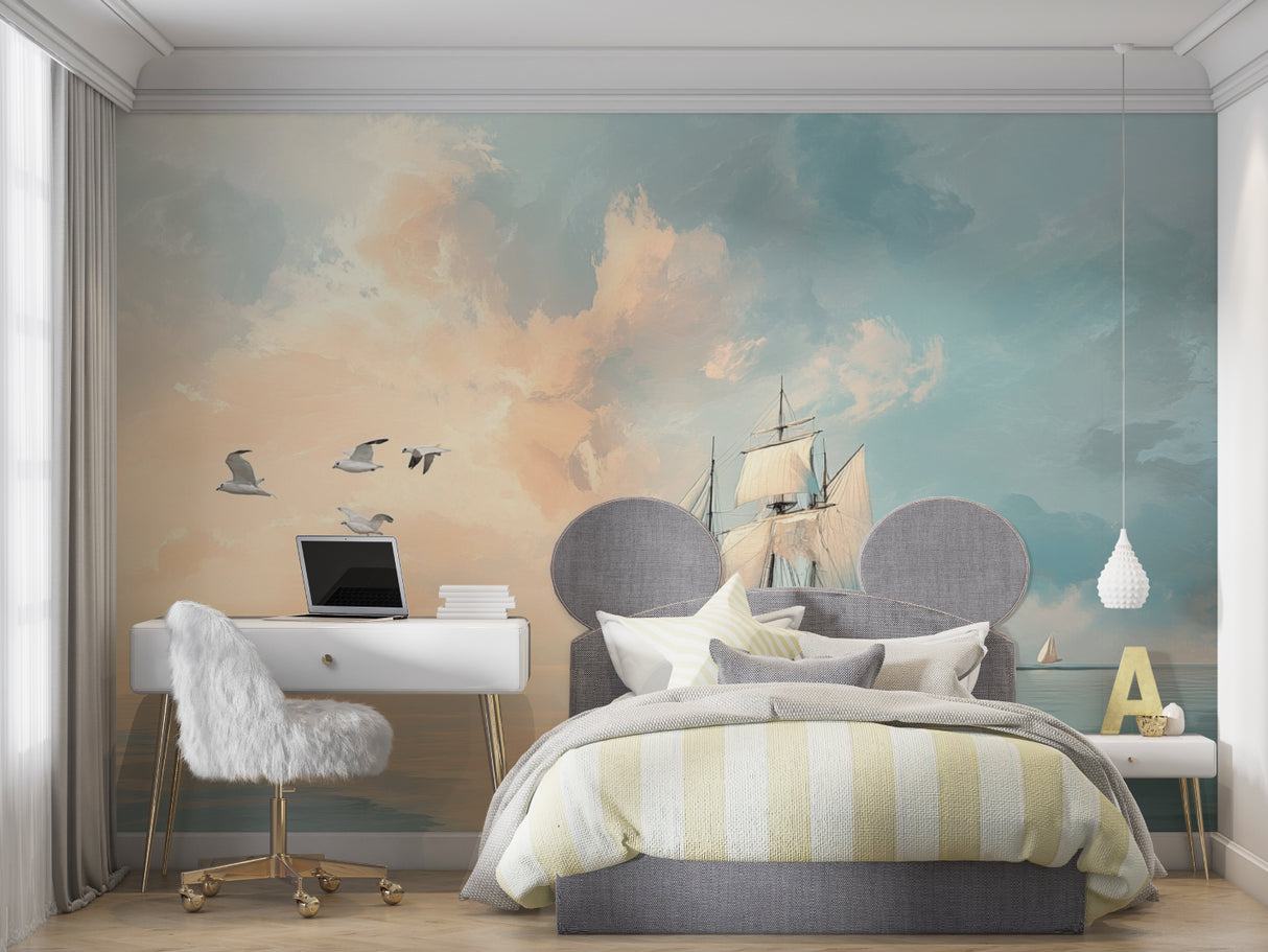 Sailing ship wallpaper transforming a kid's playroom into an adventure zone
