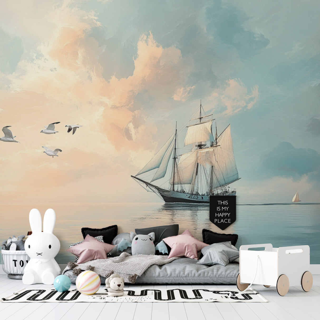 Nautical mural displayed in a coastal-style home office space