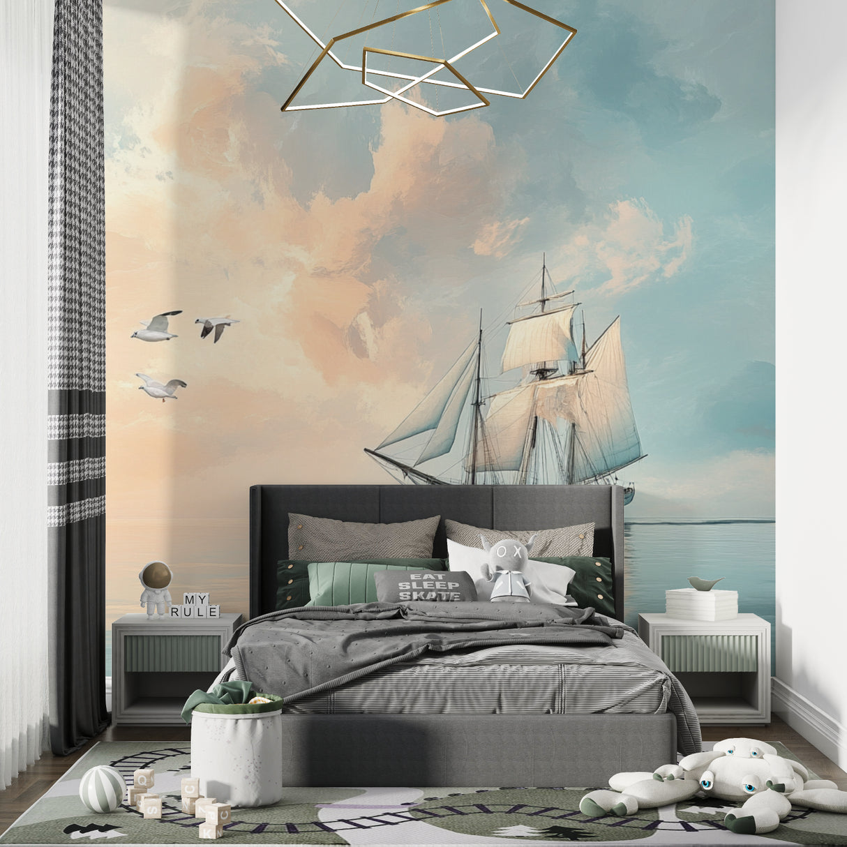 Ship wallpaper creating depth in a modern dining room setting