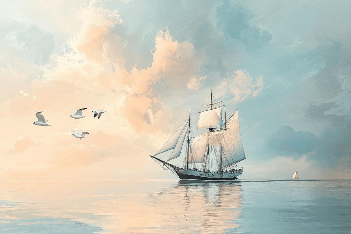 Design file showing detailed sailing ship and seagulls pattern with sunset colors
