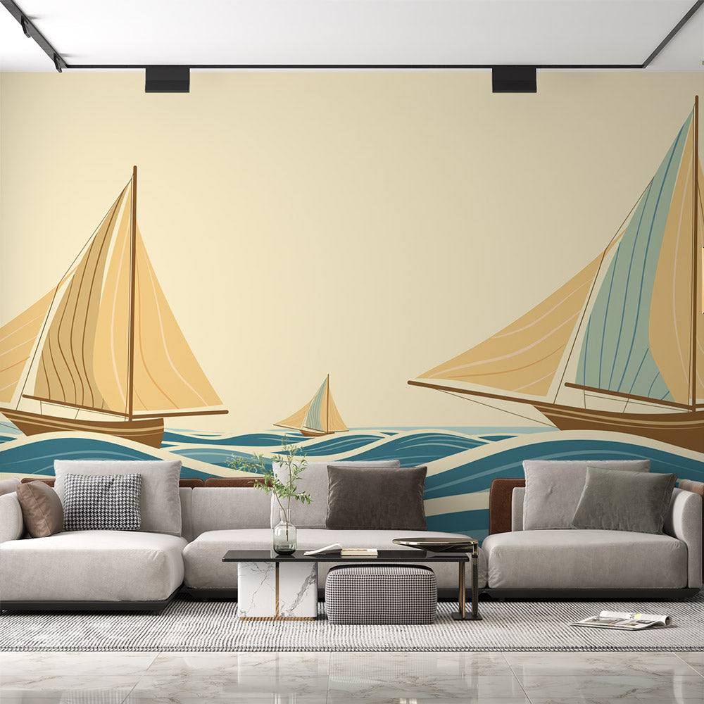 Nautical wallpaper mural with vintage sailing boats creating a peaceful atmosphere in a modern living room