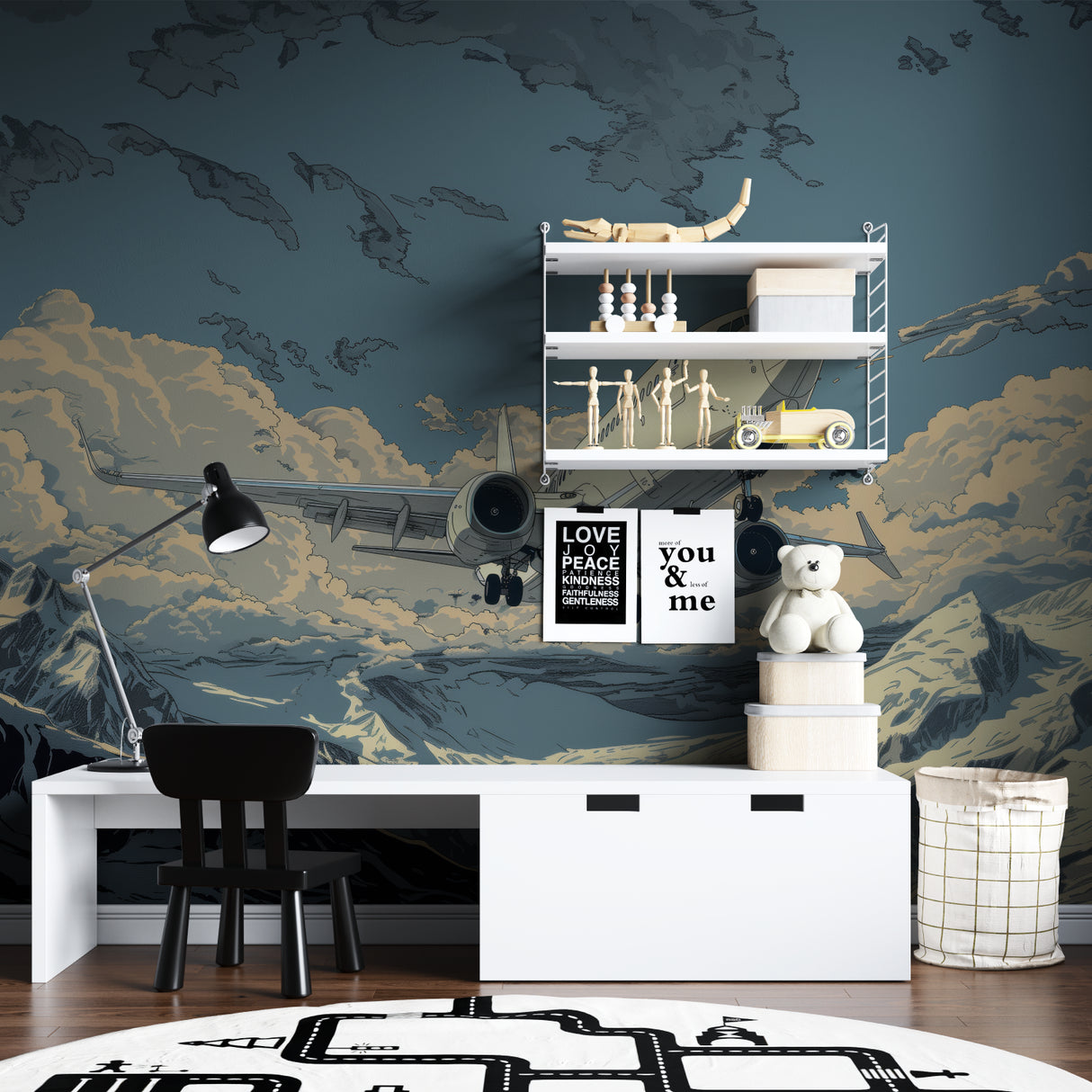 Nautical sailing ship wallpaper creating a cozy atmosphere in a modern living room