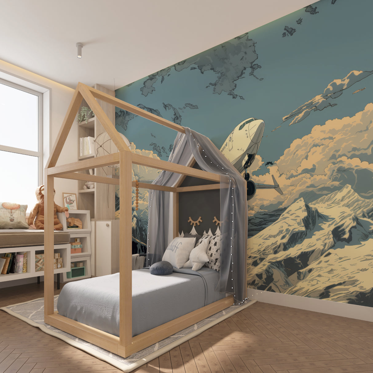 Maritime wall mural creating depth in a reading nook
