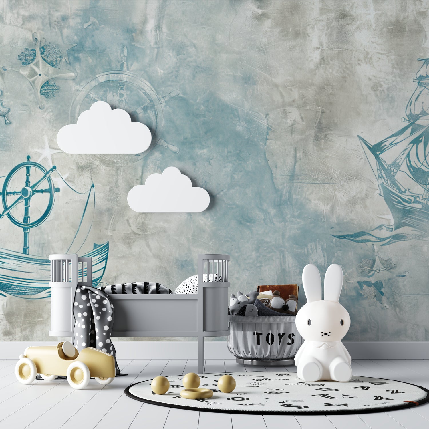 Maritime wall mural featuring compass designs in a child's bedroom, perfect for storytelling and dreams