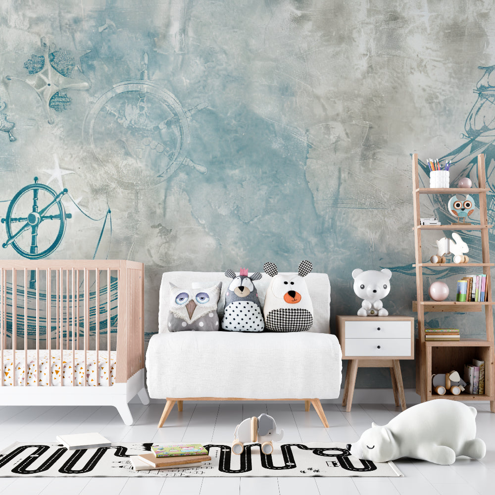 Vintage nautical wallpaper bringing character to a play area, showing scale and detail