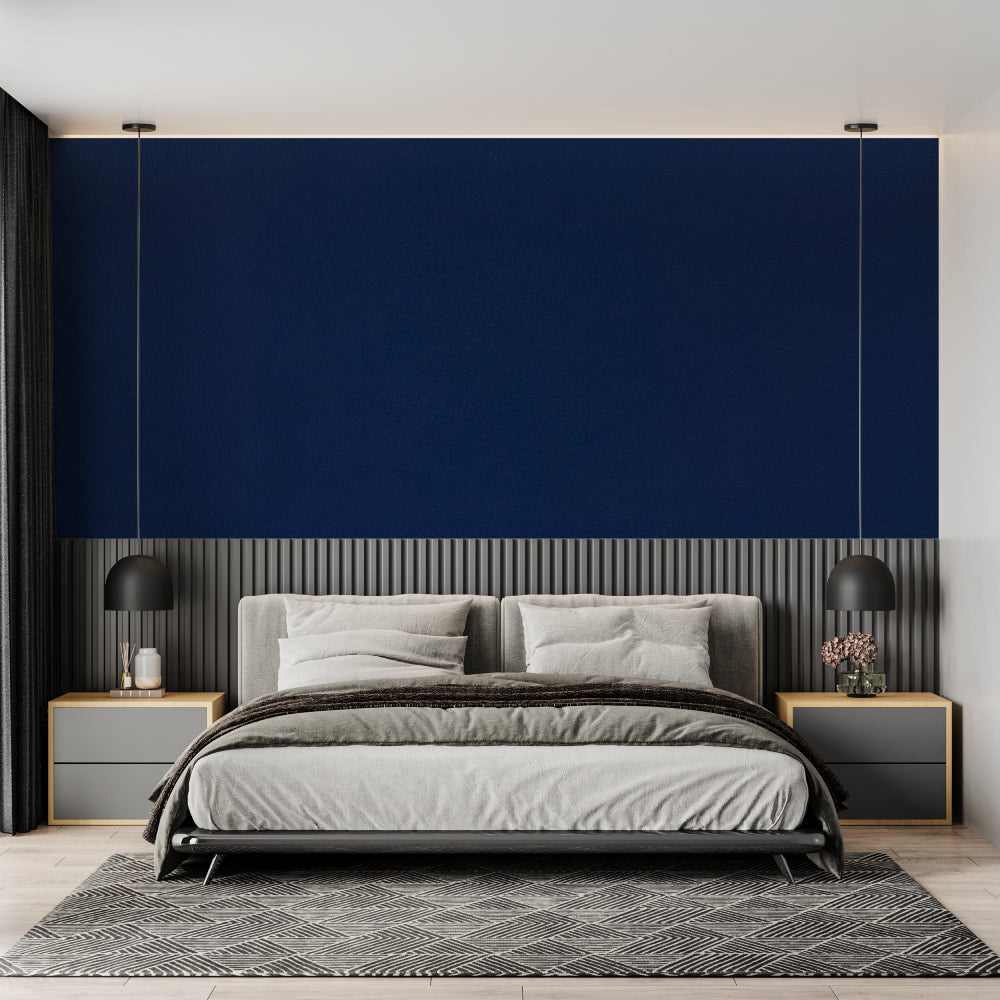 Navy blue wall mural in modern living room showing clean lines and contemporary furniture arrangement
