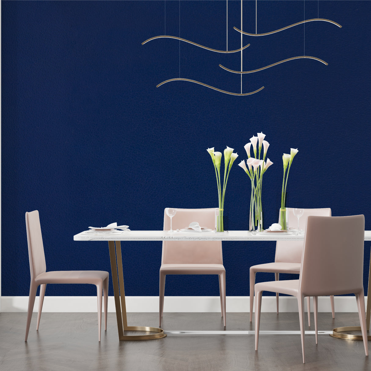 Modern dining room showcasing navy blue wall mural with gold accents
