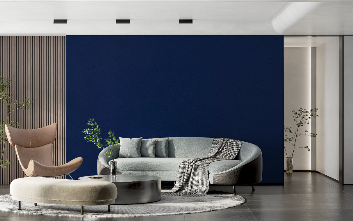 Contemporary hallway with navy blue wallpaper highlighting architectural features