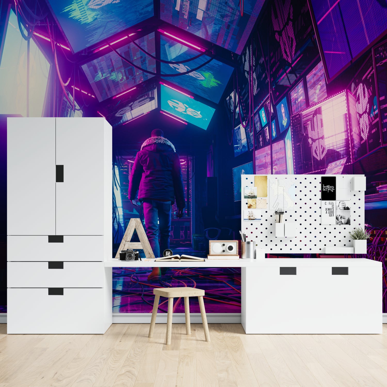 Neon city wallpaper in modern gaming room with purple and blue lighting effects