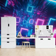 Neon tunnel wallpaper creating depth in modern gaming room with purple LED accent lighting