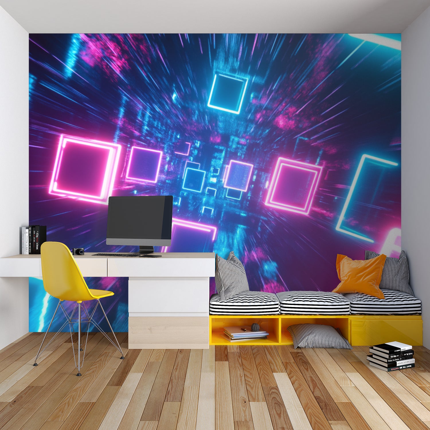 3D neon squares wallpaper making office space look futuristic and dynamic