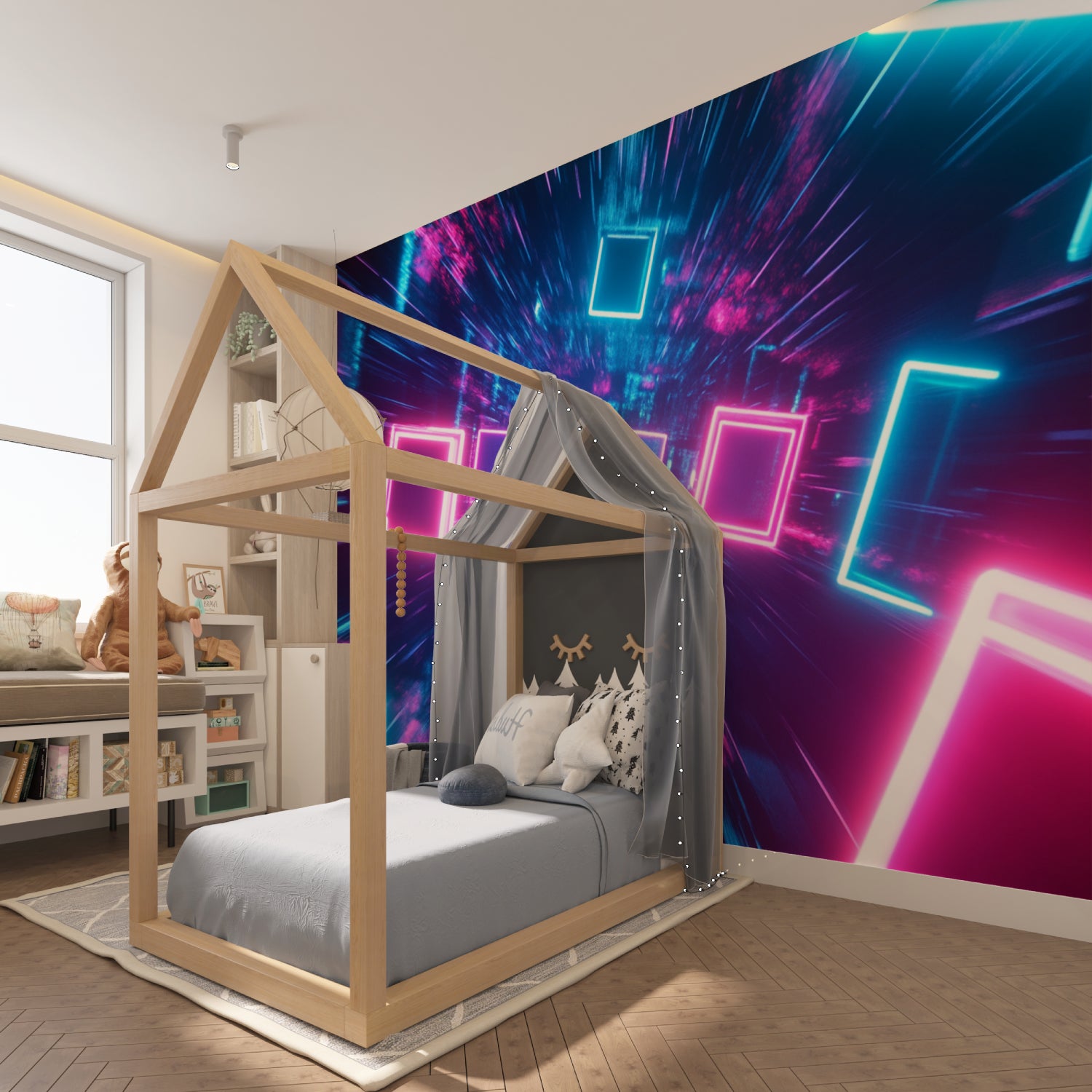 Geometric light tunnel mural bringing energy to trendy cafe wall