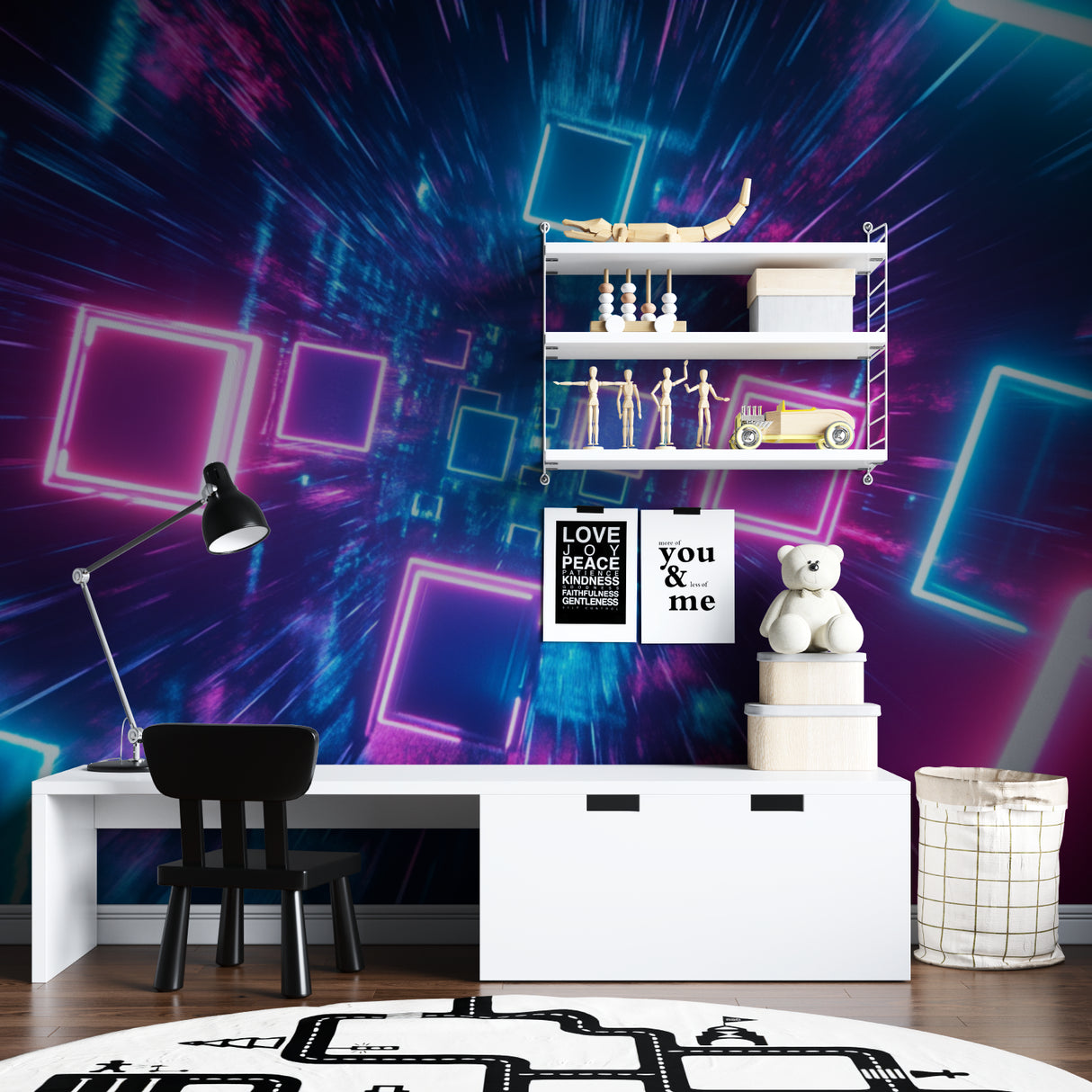 Pink and blue neon wallpaper creating cool vibe in teen bedroom