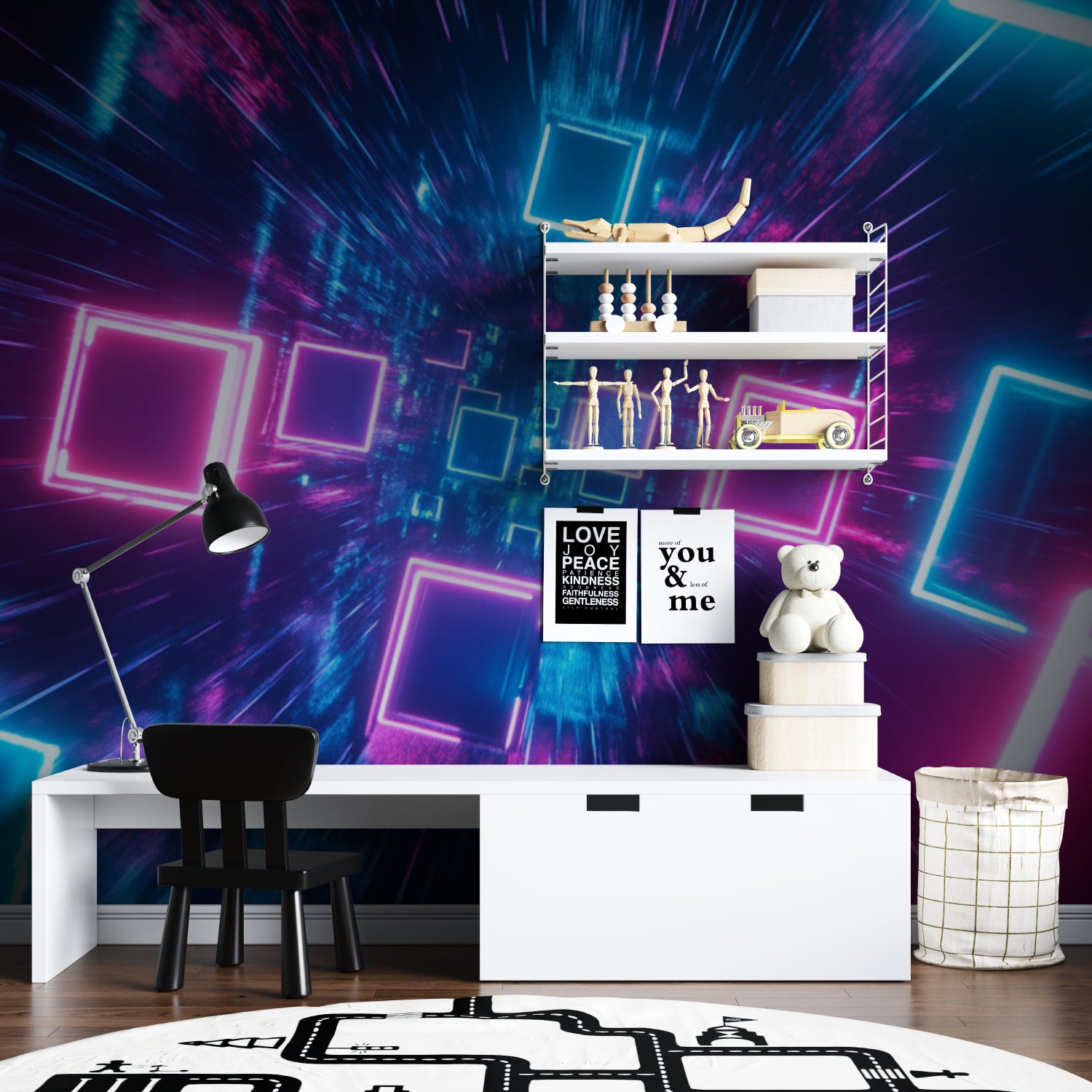 Pink and blue neon wallpaper creating cool vibe in teen bedroom
