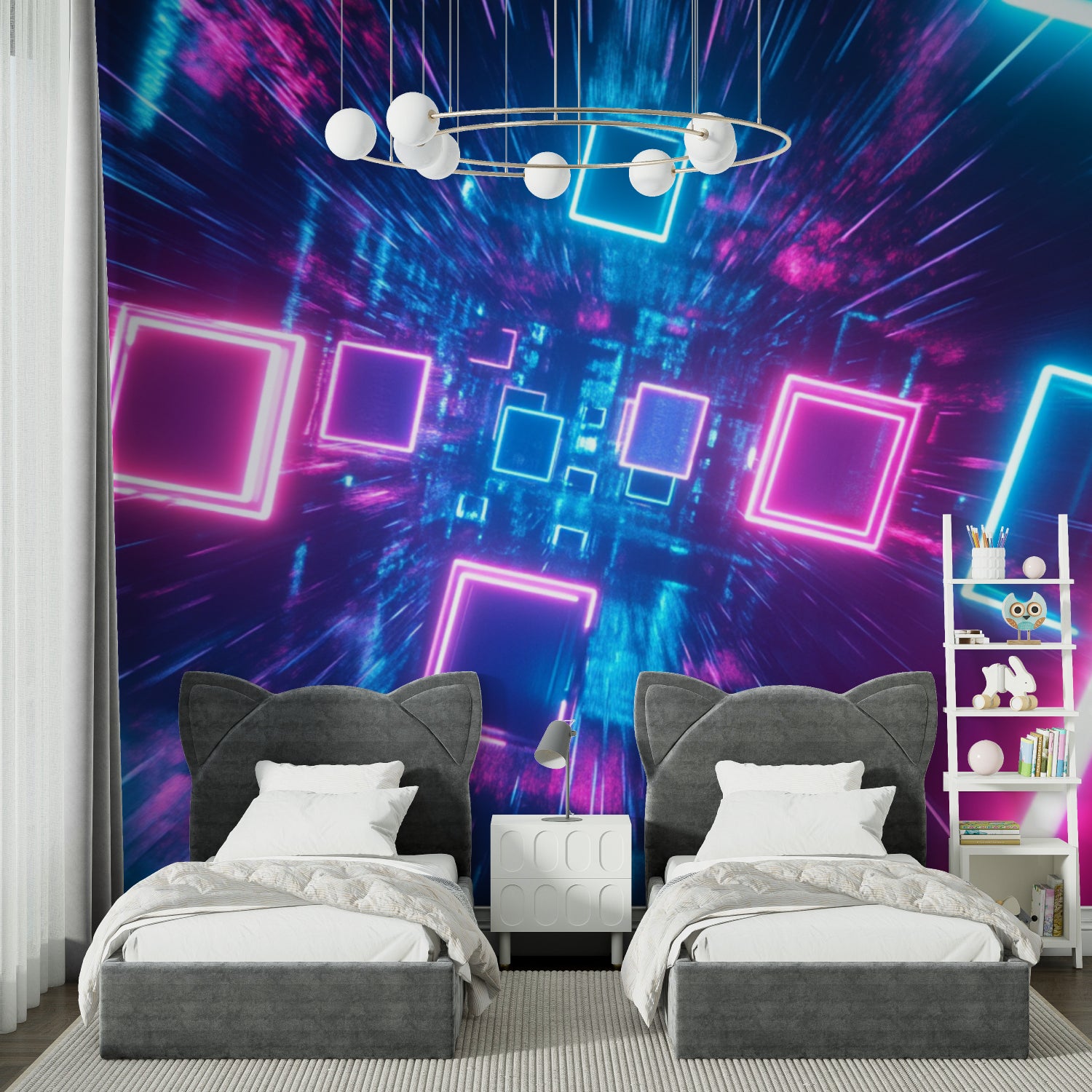 Neon geometric pattern transforming modern living room wall