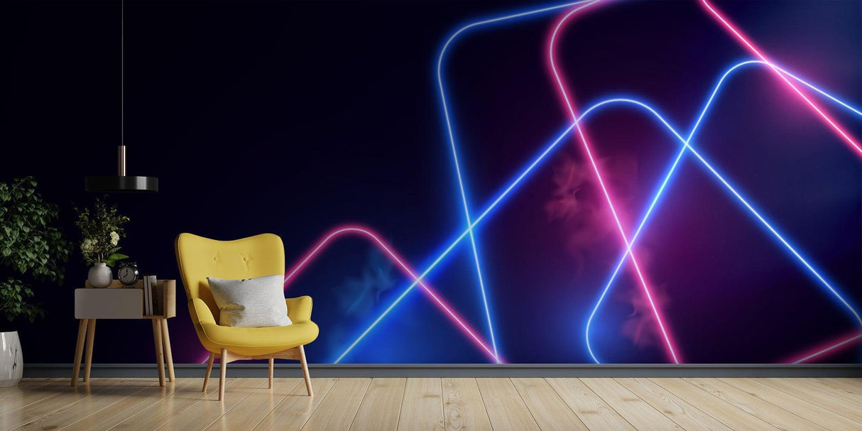 Geometric neon wall mural creating depth in a modern office space