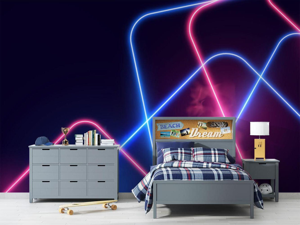 Neon light wallpaper design making a statement in contemporary living room