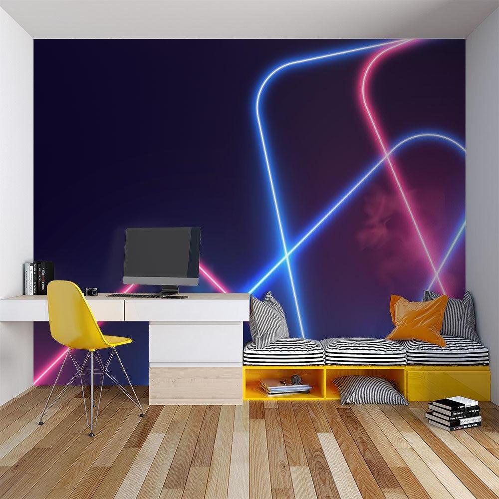 Neon pattern mural adding dimension to a creative studio space
