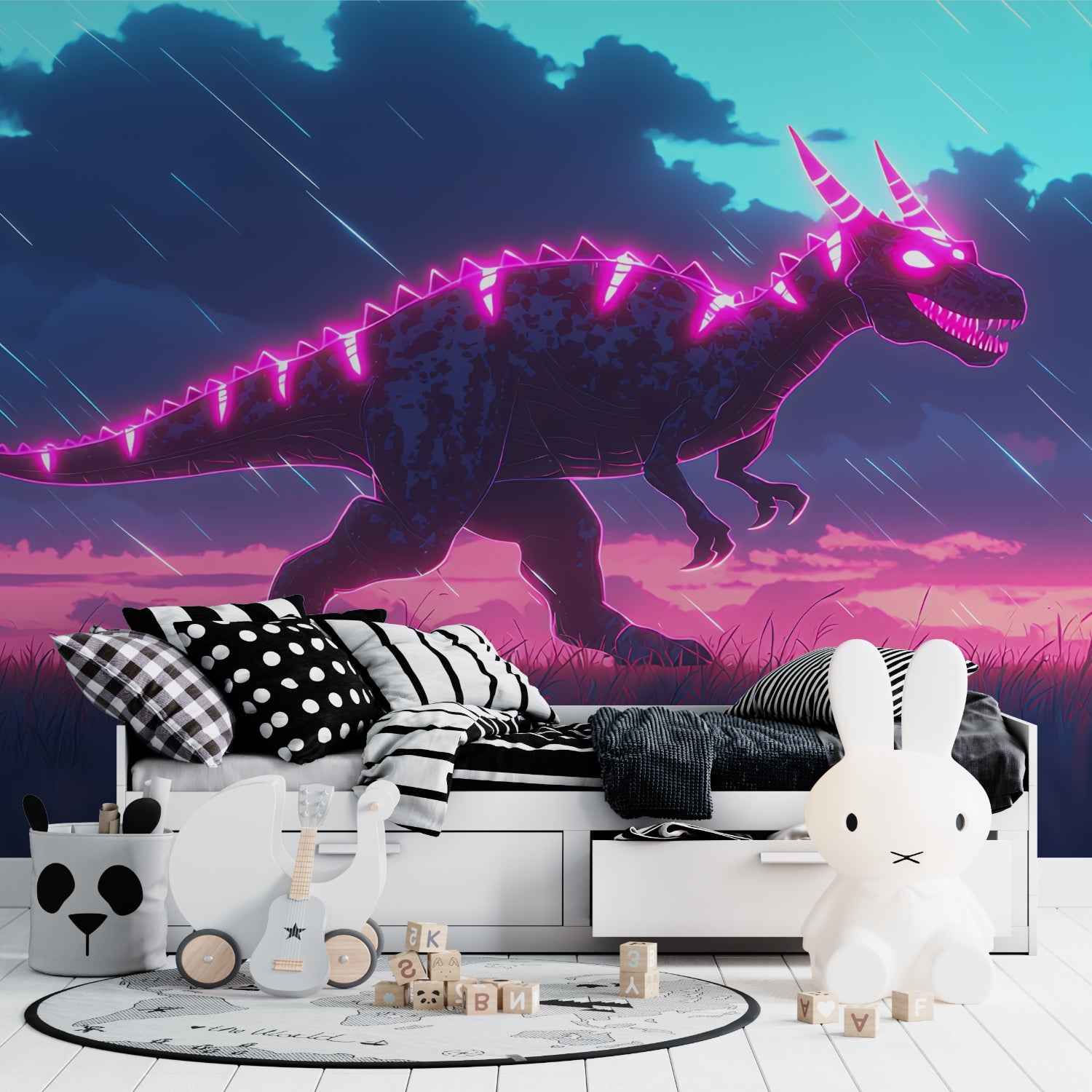 Neon pink dinosaur wallpaper making statement in modern home office