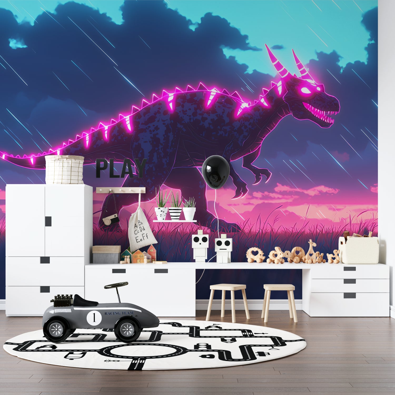 T-Rex wall mural adding fun pop of color to minimalist bedroom