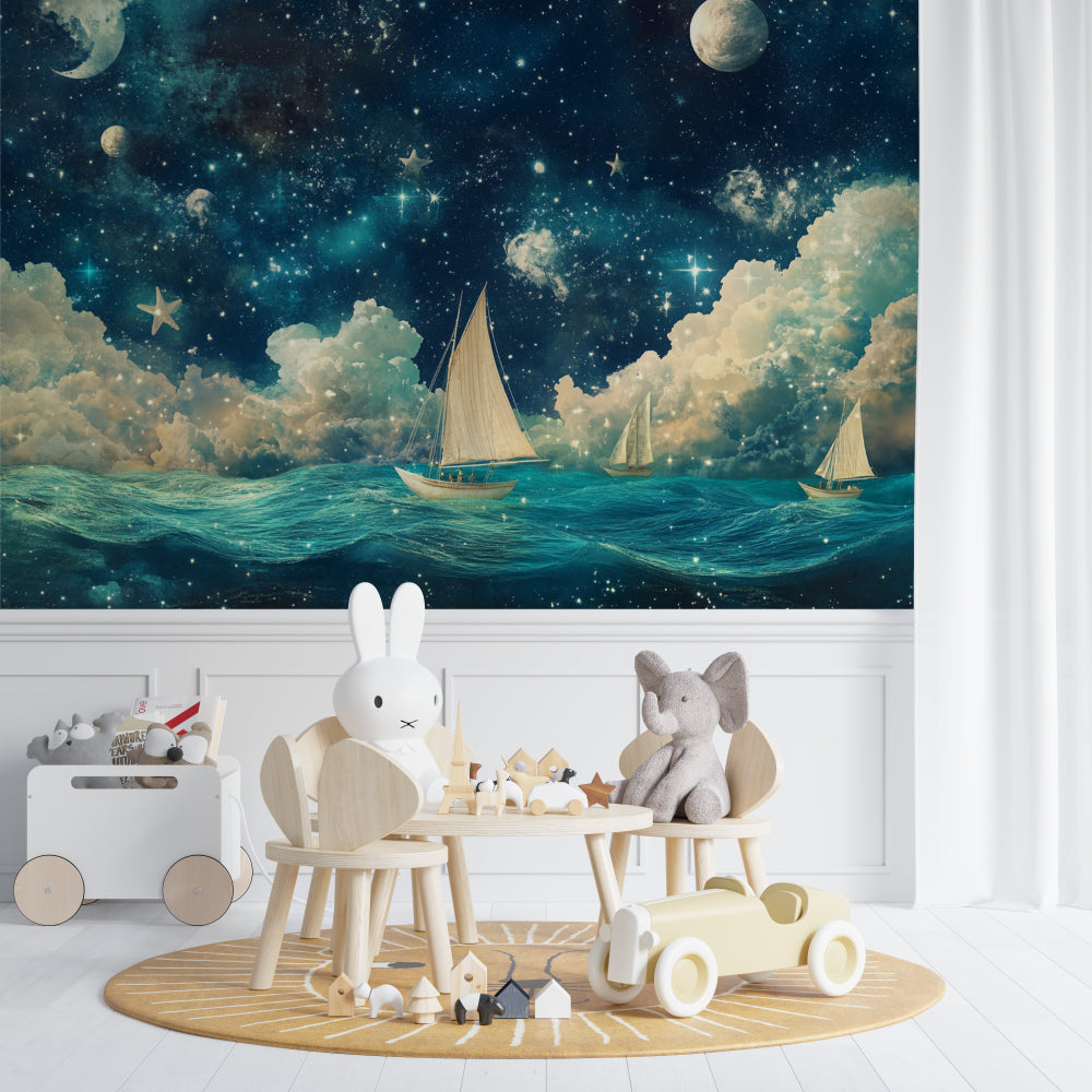 Night sky wallpaper with sailing ships in a cozy nursery setting, creating a magical bedtime atmosphere