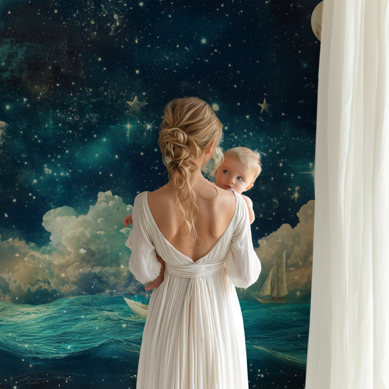 Celestial ship mural displayed in a children's bedroom with soft lighting